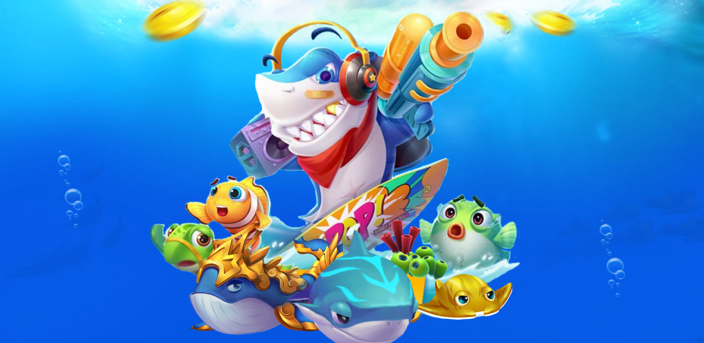 ฉากเกมยิงปลาที่มีฝูงปลาและเอฟเฟ็กต์ใต้น้ำ