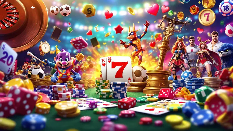 หน้าจอเกมสล็อตสีสันสดใสพร้อมวงล้อและสัญลักษณ์เกม